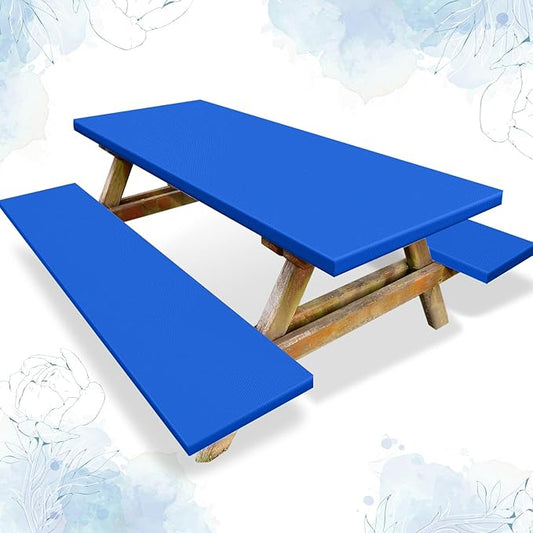 3 Pcs Picnic Table and Bench Fitted Tablecloth Cover for 6 Ft Table 30 x 72 Inch Vinyl Fitted Elastic Edges Waterproof Wipeable Tablecloth for Indoor Outdoor Travel Picnics Patio Camping (Blue)