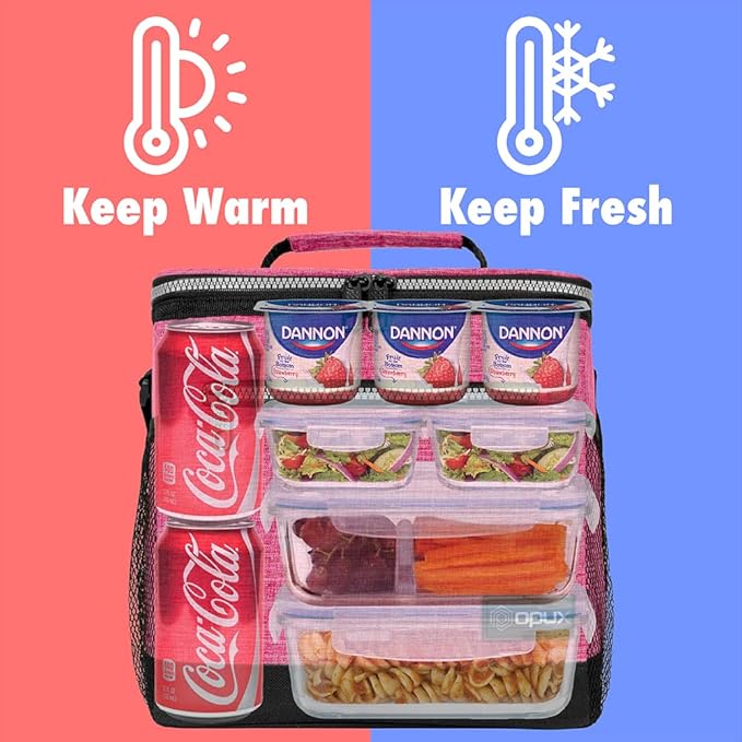 opux Extra Large Insulated Lunch Box Men Women, Lunch Bag for Work, Leakproof Soft Cooler Tote Adult, Lunch Pail, Picnic Beach Collapsible Food Bag with Shoulder Strap, Pink