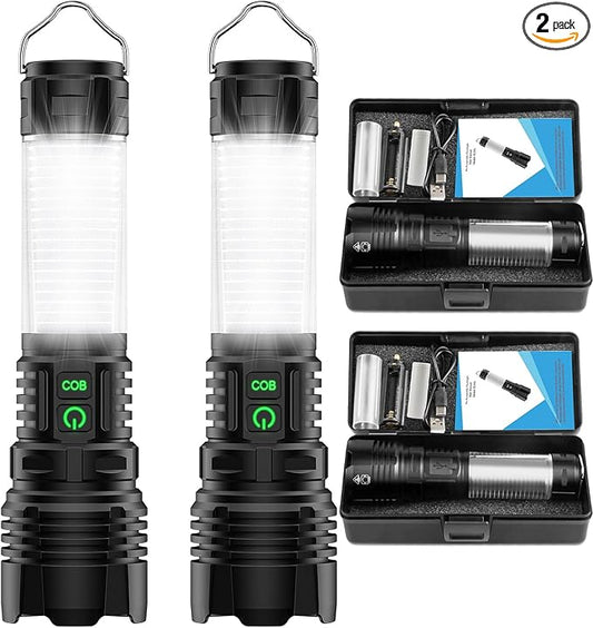 Flashlights High Lumens Rechargeable 2Packs- Super Bright Tactical LED Flashlight,Powerful USB C Flash Light with 360°COB Light, Long Beam 3280Ft,7 Modes,Waterproof Handheld Flashlight for Emergency