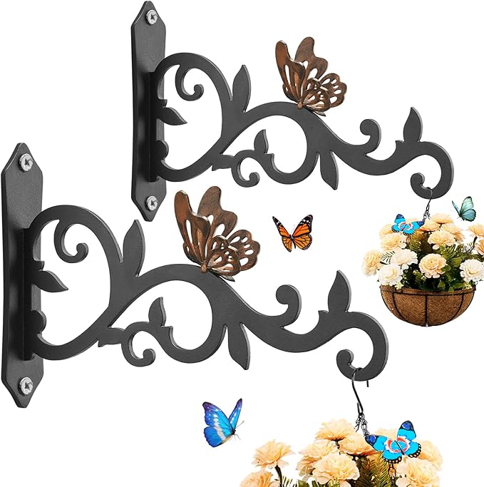 Kingsyard 2-Pack Wall Plant Hanger - 8 Inch Heavy Duty Metal Hooks with Butterfly Decor for Hanging Plants, Feeders, Lanterns & Wind Chimes, Indoor&Outdoor Use, Copper