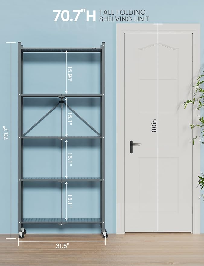 ALANNG 70.7" H Metal Storage Shelves, 5 Tier Folding Shelf on Wheels, Heavy Duty, No Assembly, Rolling, Collapsible Rack Unit for Kitchen, Basement, Pantry (Gray,4 Pack)