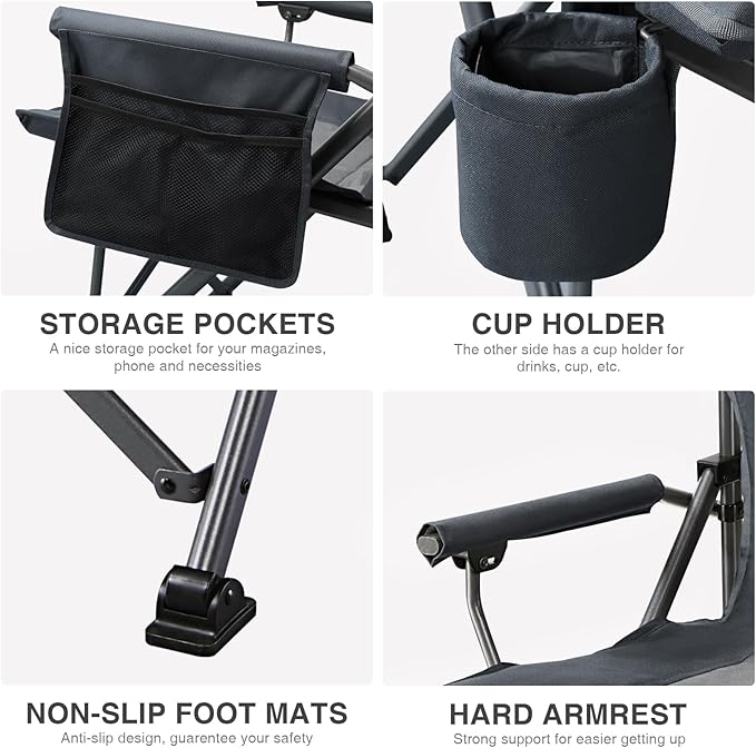 EVER ADVANCED Oversized Folding Camping Chair for Adults, Heavy Duty Lawn Chair with Side Pockets, Portable Collapsible Quad Chair for Outside, Support Up to 500lbs