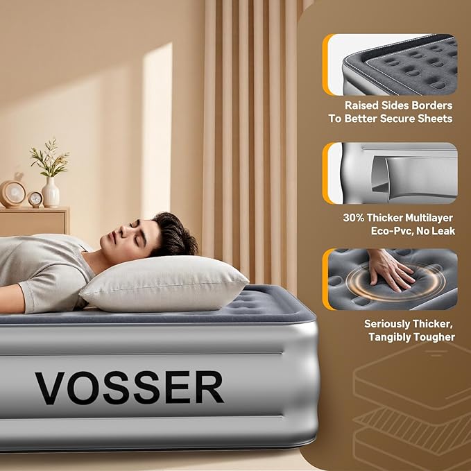 Air Mattress Full with Built in Pump,18’’Blow Up Mattress,Self Inflatable Mattress in 3 Mins,Portable Air Bed for Camping,Floor&Travel,Full Size Air Mattress for Adults 660LB Max,Silver