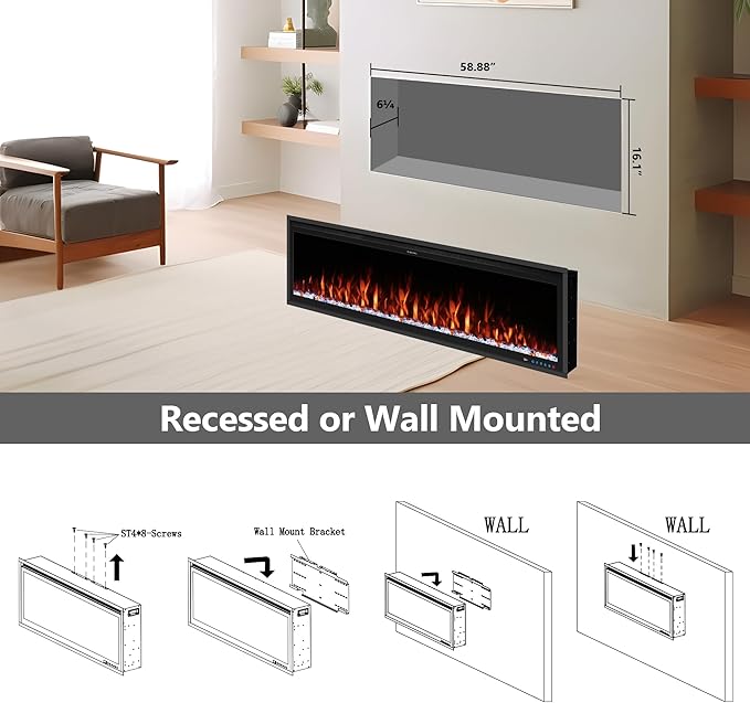 Benrocks 60'' WiFi- Enabled Electric Fireplace Inserts - Alexa & App Control, Slim Recessed & Wall Mounted, 13 * 13 * 3 Flame Color Combinations, 750W/1500W, Black