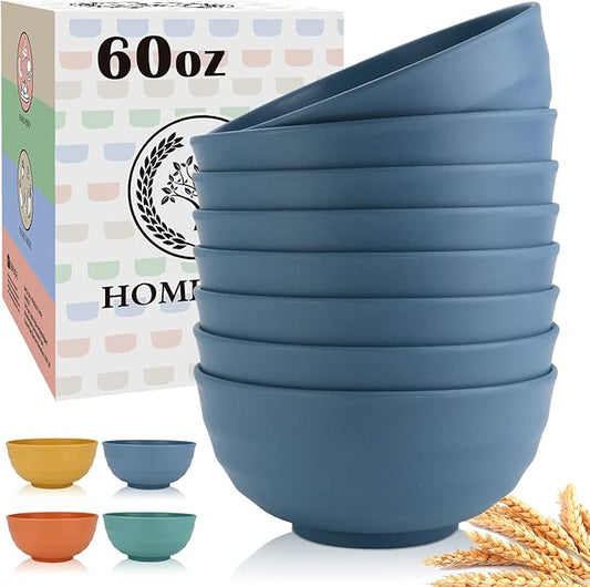 Homienly Wheat Straw Bowls, 60 OZ Salad Bowls,Large Serving Bowls Set of 8, Unbreakable Big Bowl for Kitchen,Ramen,Cereal,Salad,Serving Reusable, Microwave and Dishwasher Safe Bowl-Blue