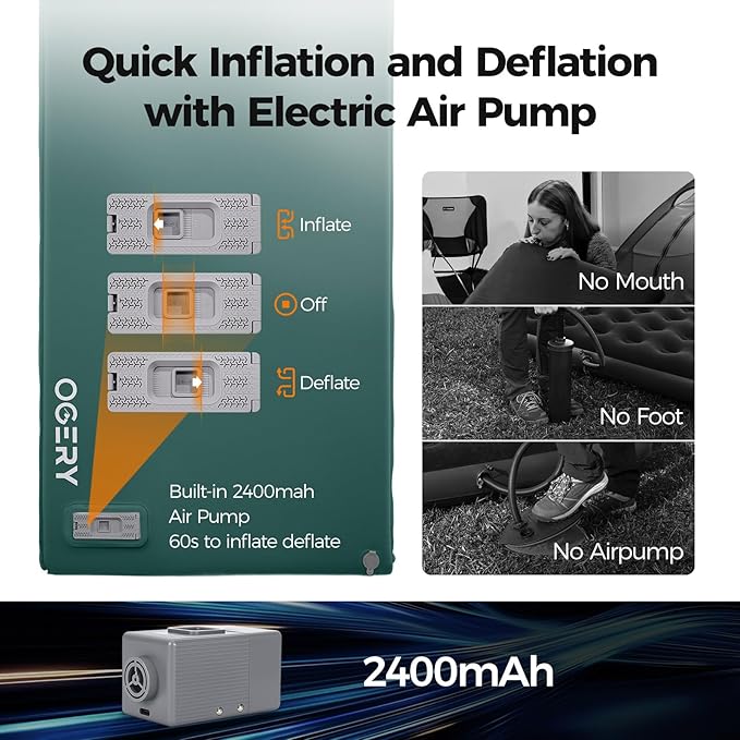 OGERY Self Inflating Sleeping Pad with Electric Pump, 3.15" Ultra-Thick Memory Foam Camping Pad, 4 Season Camping Mattress Pad with Built-in Pillow, Camping Essentials Gear for Tent Travel Car