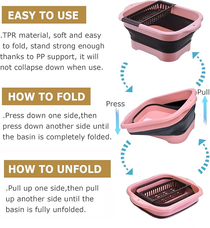 11L（2.91 Gallon） Collapsible Dish Basin with Drain Plug, Space Saving Outdoor Multiuse Foldable Sink Tub, Dishpan, Portable Kitchen Storage Tray for Vegetable Washing, Camping, RV (Pink)