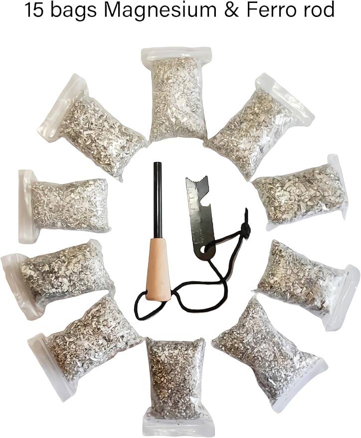 eGreen Fire Starter Kit – 10 to 30 Magnesium Bags with 3.15" Ferro Rod + Optional 60-Minute Wax Rope – Emergency Survival Ignition Set for Camping & Bushcraft