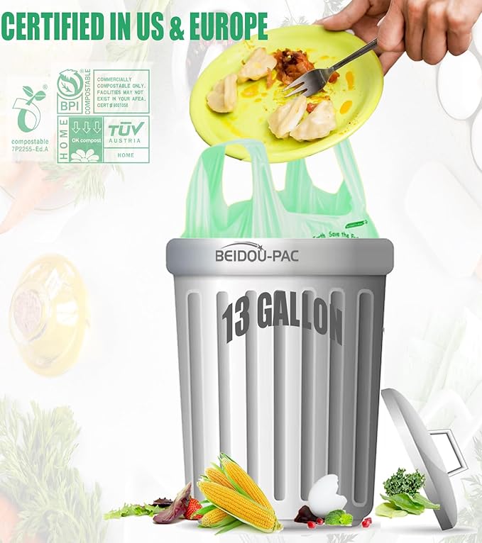 13 Gallon Compostable Trash Bags, 30 Count, Compost Bags Tall Kitchen Trash Bags with Handle, Sturdy Biodegradable Garbage Bags Food Scrap Waste Bags, ASTM D6400, US BPI Certified