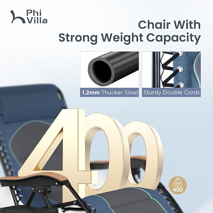 PHI VILLA XXL Oversized Padded Zero Gravity Chair, Foldable Patio Recliner, 30" Wide Seat Anti Gravity Lounger with Cup Holder, Support 400 LBS (Blue Accent)