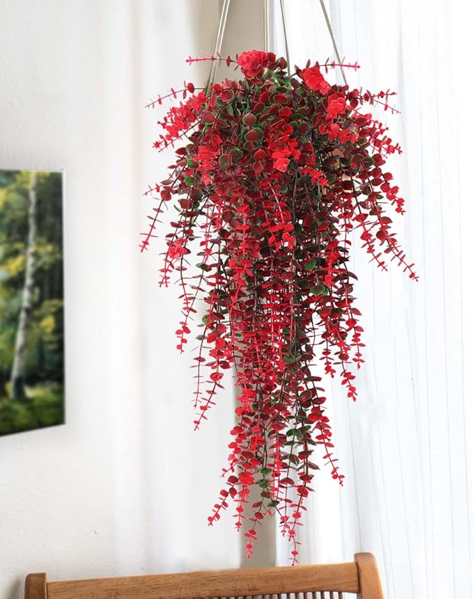 Hanging Artificial Plants Fake Vine Hanging Eucalyptus Leaf Plant Artificial UV Resistant Hanging Green Plant Faux Plants Hanging Wall Decor Outdoor Front Door Yard Garden Porch Decorations(Red)