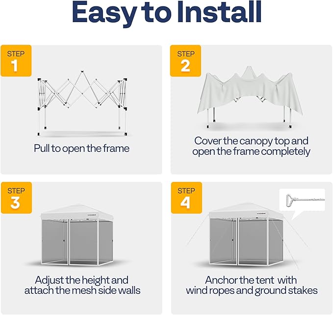 VIVOHOME 8x8ft Easy Pop-Up Canopy, Outdoor Screen Tent with Mosquito Netting, 2 Zipper Doors, and Roller Bag for Yard Camping Picnic Party Events, White