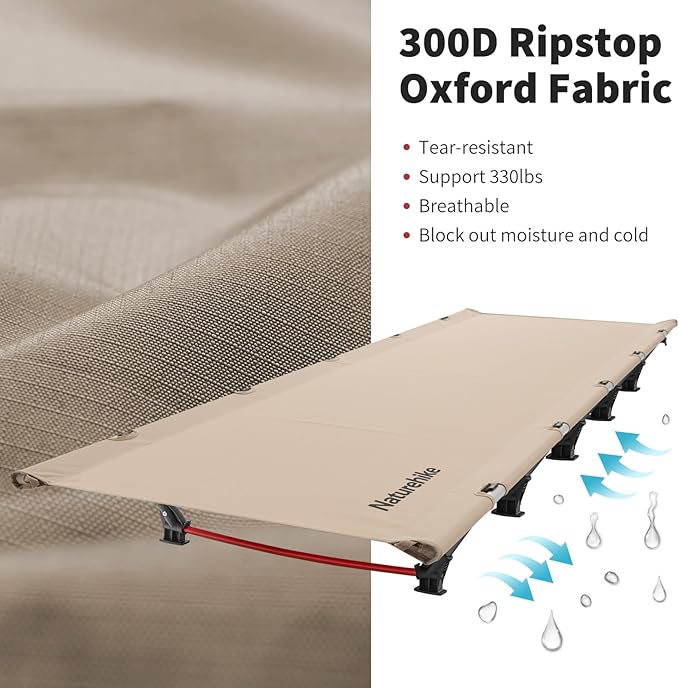 Naturehike Ultralight Camping Cot, Easy to Assemble Folding Tent Cot, Compact & Protable Camping Bed for Camping, Mountaineering, & Hiking, Supports 330lbs with Carry Bag, Kahki