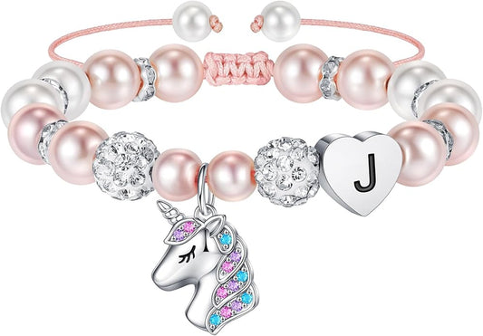 Hidepoo Unicorn Bracelet Gifts for Girls - Adjustable Pink Pearl and Rhinestone Balls Heart Initial Unicorn Bracelets Jewelry CZ Unicorn Bracelet Birthday Gifts for Girls