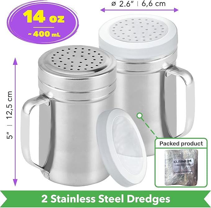 CUSINIUM Large Metal Salt Pepper Cooking Dredge Shakers - With Handle - Seasonings Spice Shakers With Holes and Lids - 14 Ounce, 2pcs | Style: Medium