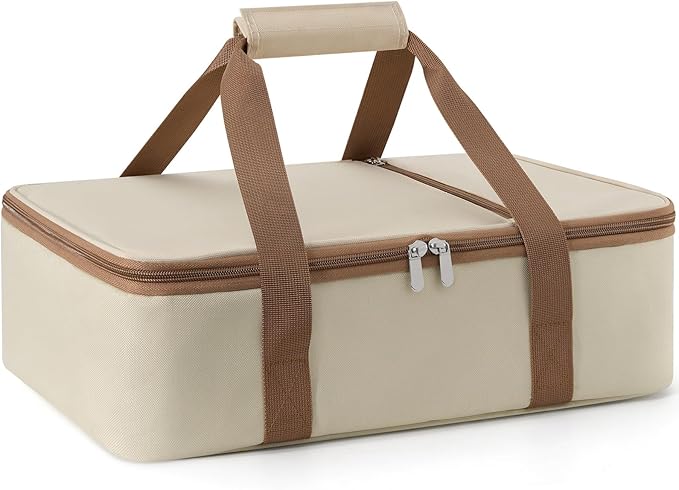 Insulated Casserole Carrier for Hot or Cold Food,Pie Carrier Bag Lunch Tote for Potluck Parties/Picnic/Cookouts, Fits 9"x13" Baking Dish,Single Beige