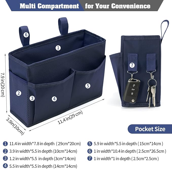Bunk Bed Organizer, Bedside Caddy Hanging Bed Organizer Storage Bag with 4 Pockets and 2 Hooks, for College Dorm Rooms Bed, Hospital Bed, Baby Bed Rails, 600D Oxford Cloth (Navy Blue)