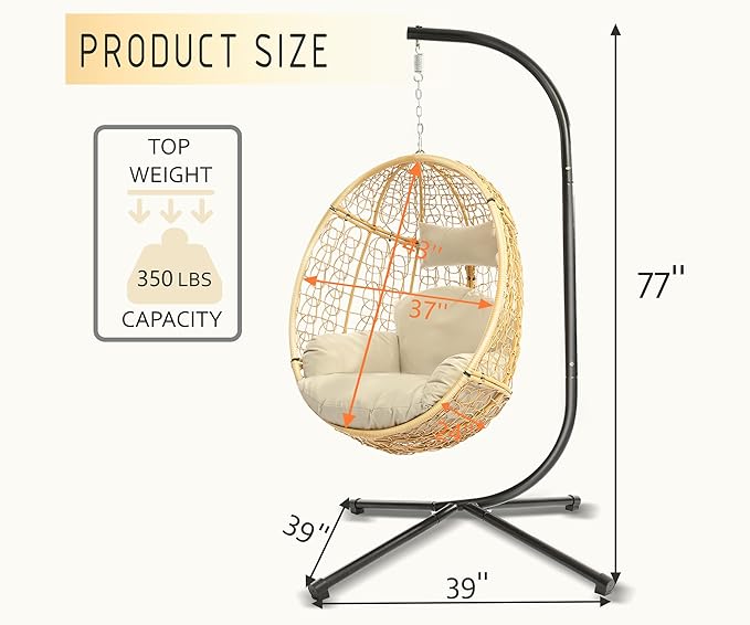 DoubleTT Indoor/Outdoor Wicker Swing Egg Chair Hammock Hanging Chair Nest Basket with Stand, UV Resistant Removable & Washable Cushions,350LBS Capacity for Bedroom, Balcony, Garden (Yellow and Beige)
