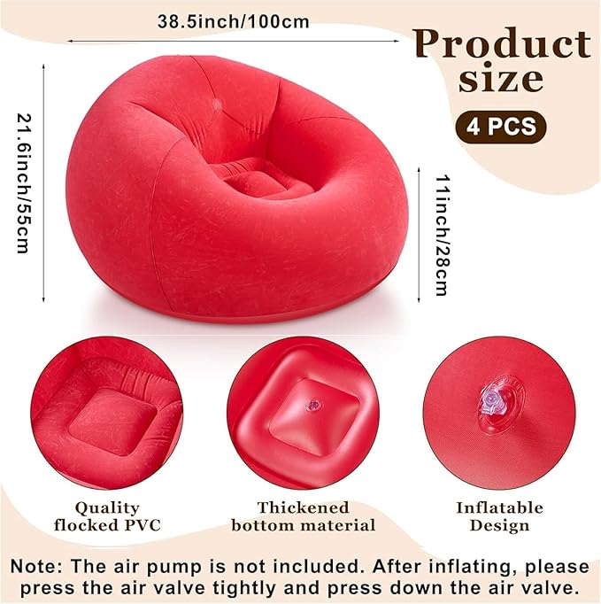 Realspring Inflatable Bean Bag Chairs Outdoor Blow up Camping Chairs Inflatable Lazy Sofa Folding Portable Bean Bag Loungers Couch for Movie Night(Brown, Red, Blue, Orange,4 Pcs)