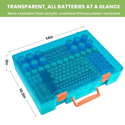 Battery Organizer Storage Holder- Batteries Case Containers Box with Tester Checker BT-168. Garage Organization Holds 225 Batteries AA AAA C D Cell 9V 3V Lithium LR44 CR2 CR1632 CR2032 (Green)