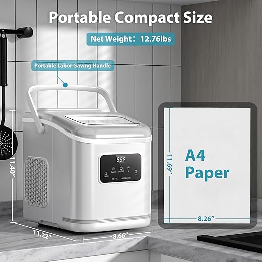 Ice Maker Machine countertop Self Cleaning Portable Compact Small Bullet Ice Maker with Digital Screen,9 Cubes in 6 Mins,26lbs in 24Hrs,for Camping Dorm Home Outdoor（White）