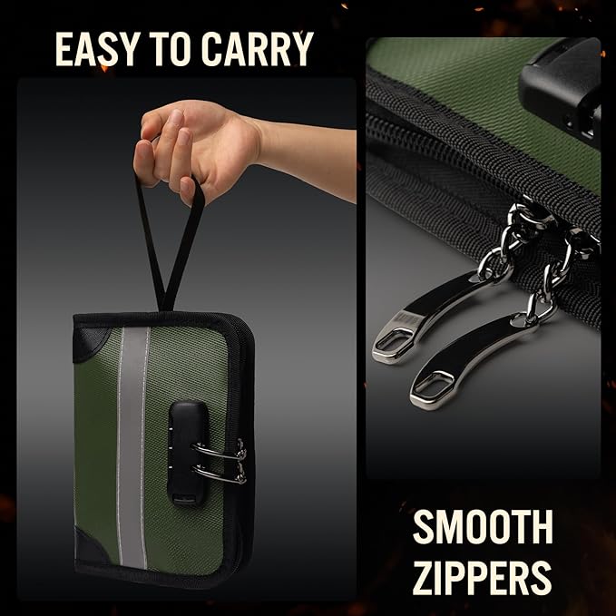 Fireproof Document Bag with Lock and Zipper – Fireproof Money Pouch with Reflective Strip, Wide Opening, Large Capacity (1.57" x 8.66" x 6.3"), Secure Cash, Phones, Cards & Passports – Green, Small