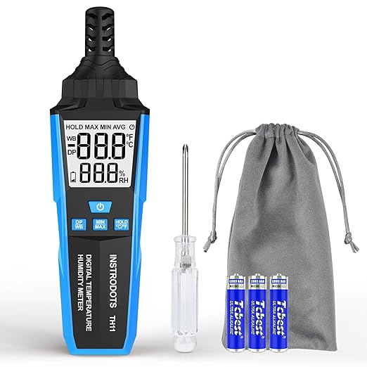 Temperature Humidity Meter, High Precision Digital Hygrometer with Ambient, Dew Point, Wet Bulb Temperature for Indoor Outdoor, Thermometer with Min/Max, Data Hold, LCD Backlight, TH11