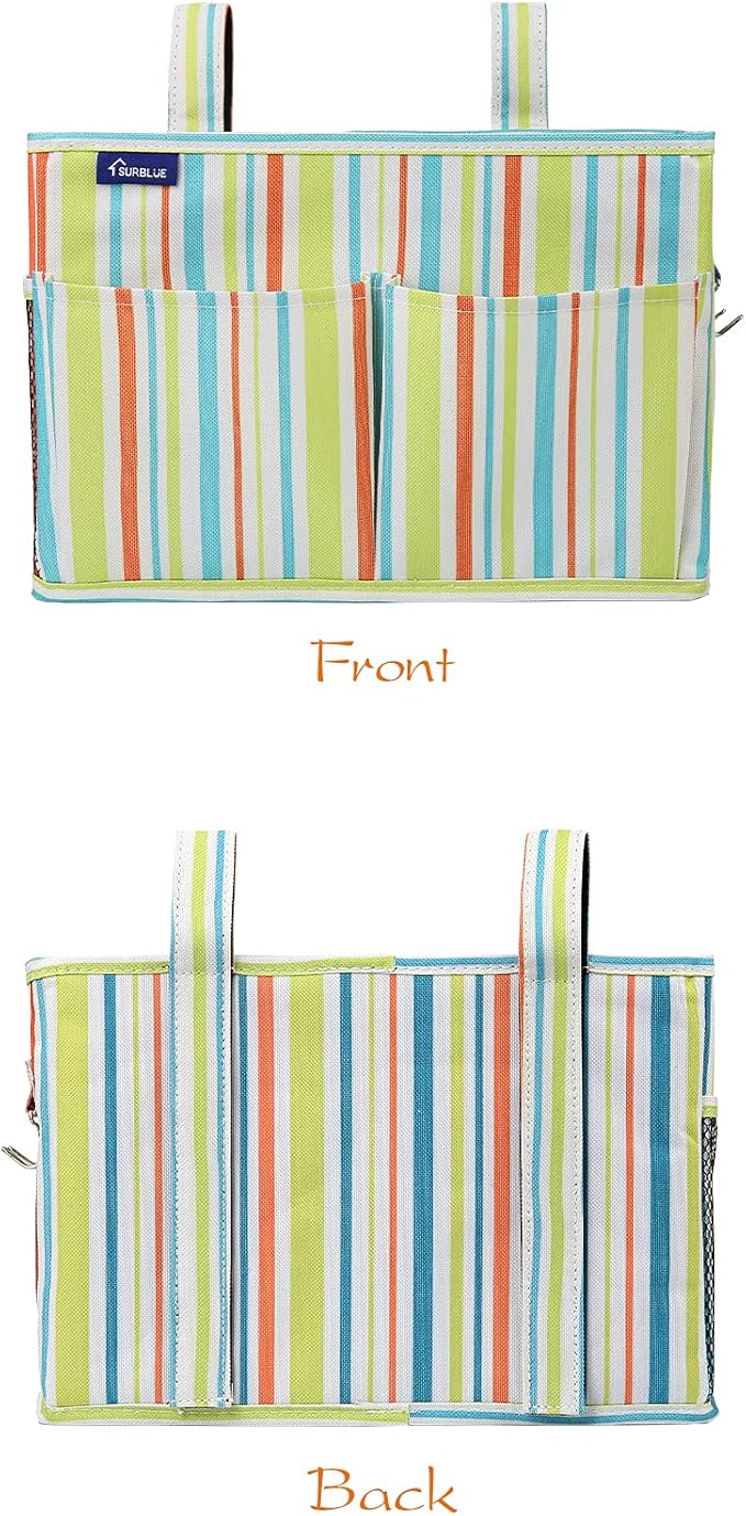 Surblue Bedside Caddy Hanging Bed Organizer Storage Bag Pocket for Bunk and Hospital Beds, College Dorm Rooms Baby Bed Rails,Wheelchair Side Bag,Camp Chiars,4 Pockets and 2 Hooks (Small GreenStripe)