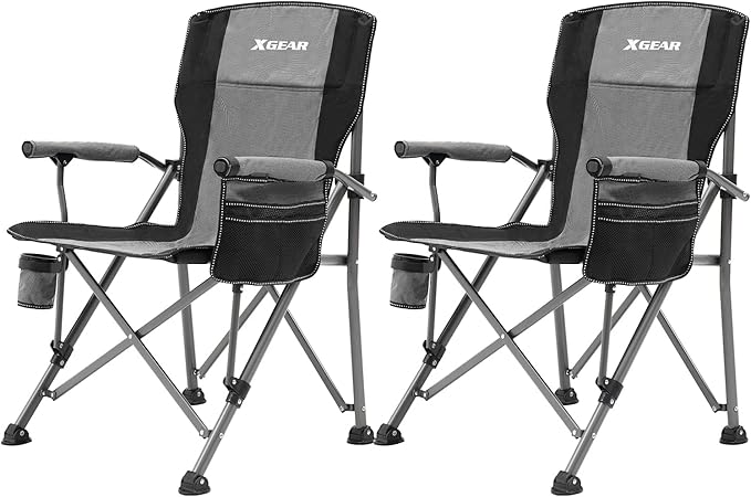 XGEAR Camping Chair Hard Arm High Back Lawn Chair Heavy Duty with Cup Holder, for Camp, Fishing, Hiking, Outdoor, Carry Bag Included