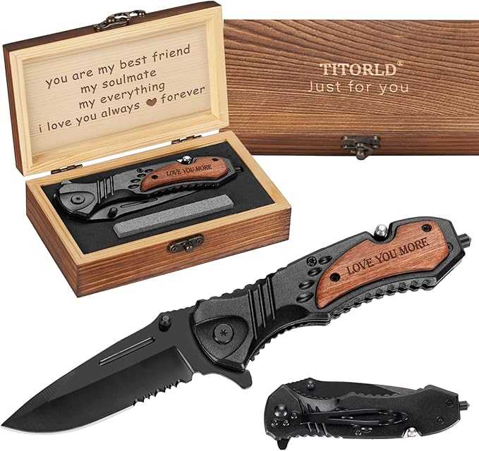 Gifts for Him Men Husband, Christmas Stocking Stuffers, Anniversary Birthday Gifts ideas for Him, Engraved Pocket Knife, Wooden Handle Folding Knife with Wood Box, Unique Outdoor Camping Hiking Tool