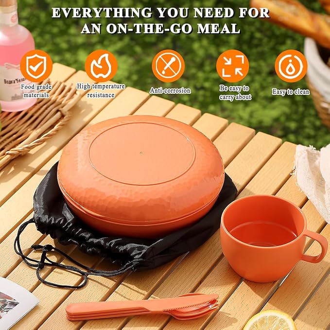 Homquen 6-Piece Camping Mess Kit with Bowl, Plate, Cup, Spoon, Fork, Knife and Carry Bag, Camping Accessories Essentials Gear Light Weight and Small Space Easy to Carry or Put in Backpack