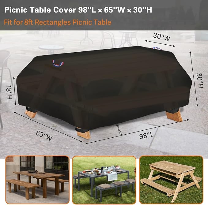 96 Inch Picnic Table Cover, Waterproof Patio Camping Table Cover for 8 ft Outdoor Picnic Table Bench Set-Weatherproof Anti-UV Picnic Bench Covers,98"L x 65"W x 30"H