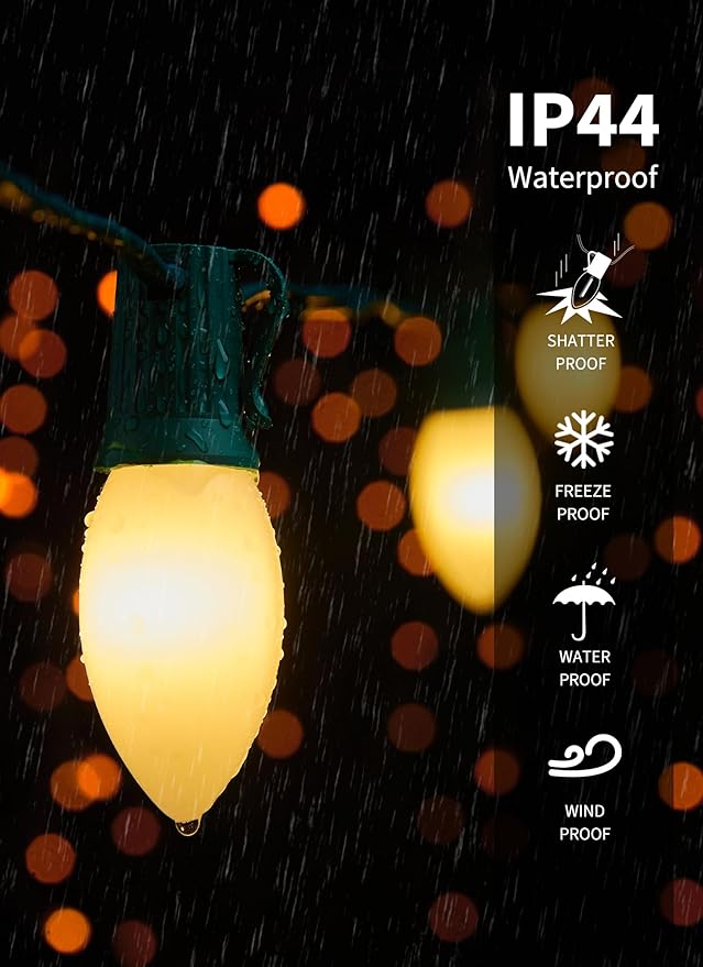 Vintage C9 LED Christmas Lights Outdoor, 50 Feet C9 String with 50 Shatterproof Matte Bulbs, Connectable Waterproof Tree Lights for Holiday Roofline, Backyard Garden Decor, Warm White