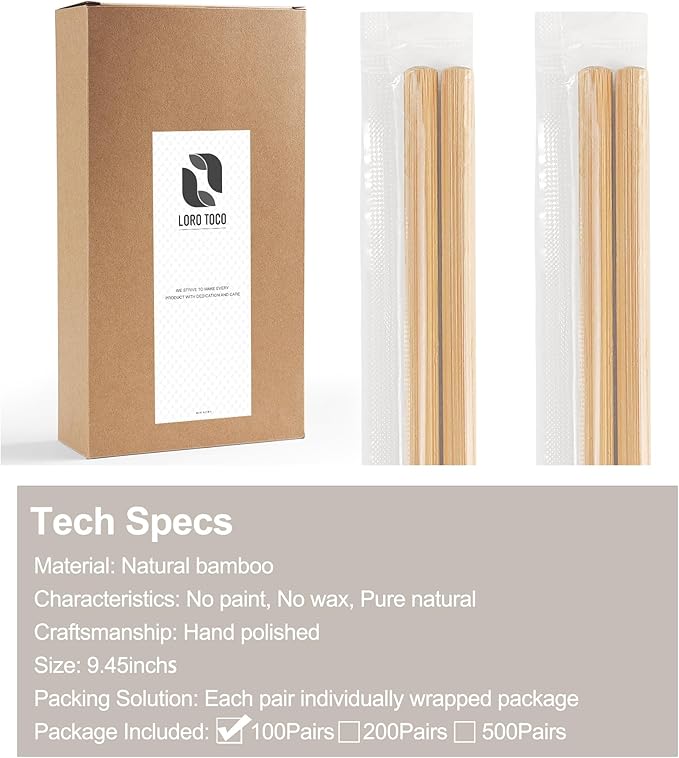 100Pairs Bamboo Chopsticks Disposable | Individually Wrapped | Bulk | Separated | Round | Premium Quality-（9.45in)