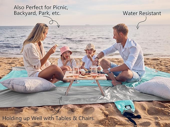 WEKAPO Beach Blanket Sandproof Waterproof, Extra Large Beach Mat, Oversized & Compact Sand Free Mat Quick Drying, Lightweight & Durable with 6 Stakes & 4 Corner Pockets