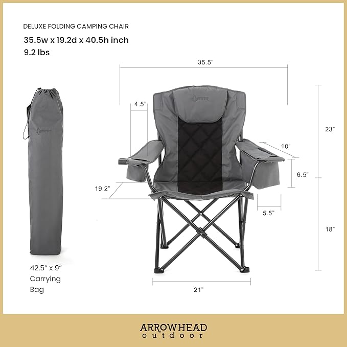 ARROWHEAD OUTDOOR Portable Folding Camping Quad Chair w/ 6-Can Cooler, Cup & Wine Glass Holders, Heavy-Duty Carrying Bag, Padded Armrests, Headrest & Seat, Supports up to 550lbs, USA-Based Support