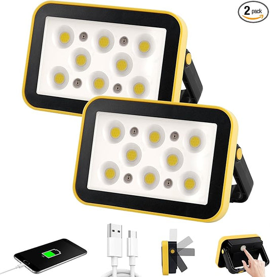 2-Pack Rechargeable Work Lights, COB Outdoor Portable LED Flood Light, Battery Operated Work Lights with Stand, Waterproof Working Light for Job Site Garage Camping Car Repair