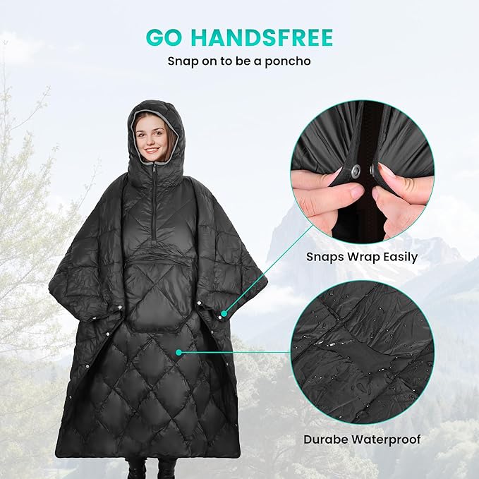 Wearable Camping Blanket Honcho Poncho - Stadium Blanket, Sleeping Bag for Adults, Packable Ultralight Warm & Waterproof for Cold Weather,Sports, Outdoor Camping, Hiking - Black