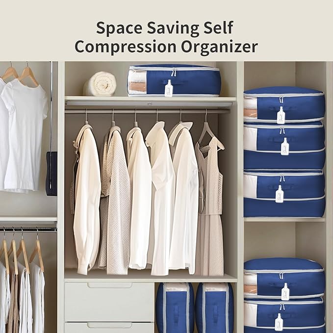 DIMJ Comforter Storage Bag 4 Pack - Blanket Storage Organizer Compression Bags, Large Capacity Ultra Space Saving Self Compression Organize for Bedding, Pillow, Duvet, Sheet Storage with Zipper Window