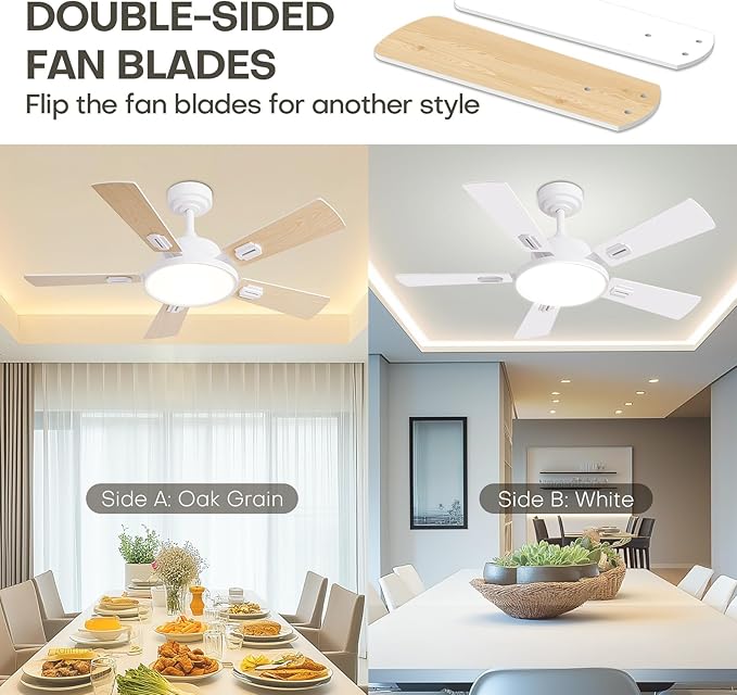 42" Ceiling Fans with Lights Remote Control, White Ceiling Fan with Dimmable LED Light 3CCT, 6 Speeds Reversible Wood Ceiling Fan Light for Bedroom, Farmhouse, Garage, Indoor Use