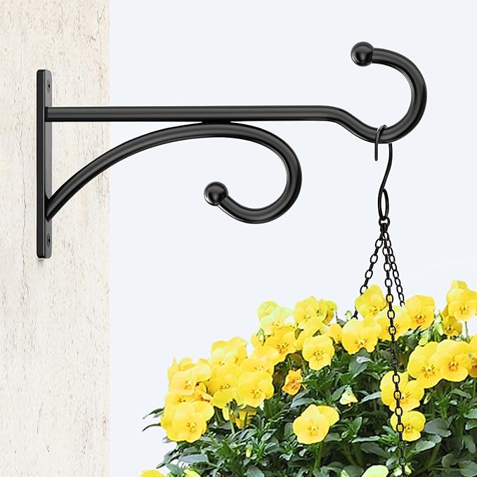 6" Plant Hanger Hooks Outdoor Indoor Planter Hooks, Wall Mounts for Hanging Plants, Baskets, Wind Chimes, Bird Feeders, Lanterns, Bird Houses (Black Metal, 2-Pack)