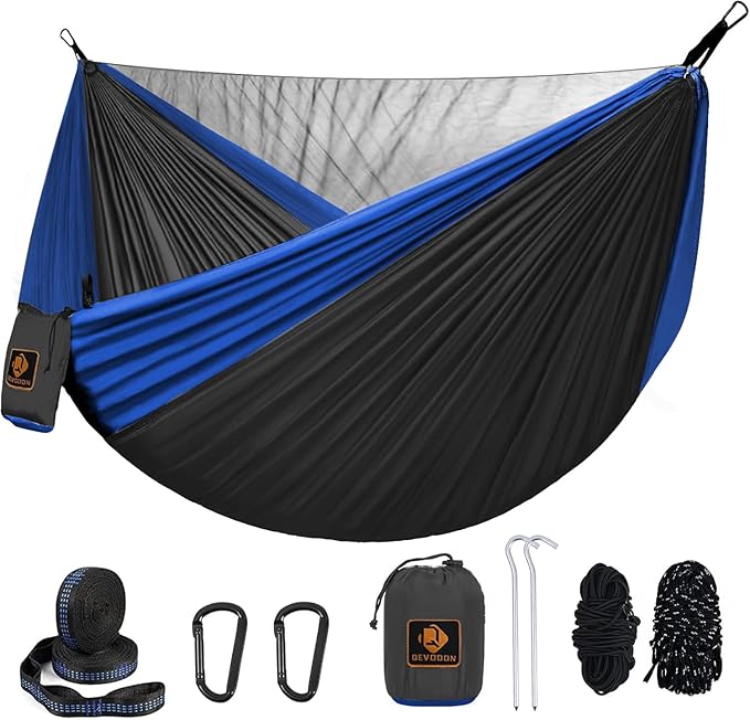 Camping Hammock, Portable Hammocks with Mosquito Net,Lightweight Nylon Parachute Hammock with 10ft Tree Straps,Camping Gear Must Haves for Travel Hiking Backpacking Beach Patio-Deep Grey&Blue