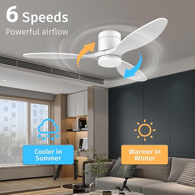 52” Wood Smart Ceiling Fans with light and Remote,Flush Mount Outdoor Indoor Ceiling Fan,Quiet DC Motor,Dimmable,Control with Voice Alexa Google App Wifi,for Low Profile Modern Bedroom Patio,White