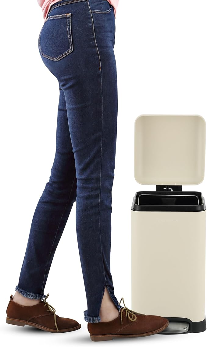 happimess HPM1012J Betty Retro Mini 3.2-Gallon Step-Open Trash Can, Fingerprint Resistant, Modern, Minimalistic for Home, Kitchen, Laundry Room, Office, Bedroom, Bathroom, Limestone Beige