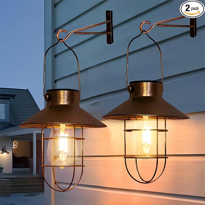 pearlstar Solar Lanterns Outdoor Metal Solar Powered Hanging Lights Waterproof for Barn Wall Yard Garden Patio Garage Balcony Porch Fence Decor, Warm White Edison Bulb (Copper-2pack)