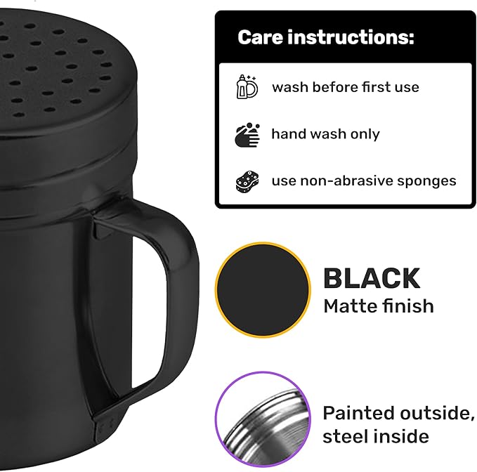 CUSINIUM 10oz Black Stainless Steel Salt Pepper Dredge Shakers - With Plastic Cap - With Handle - Pack of 2