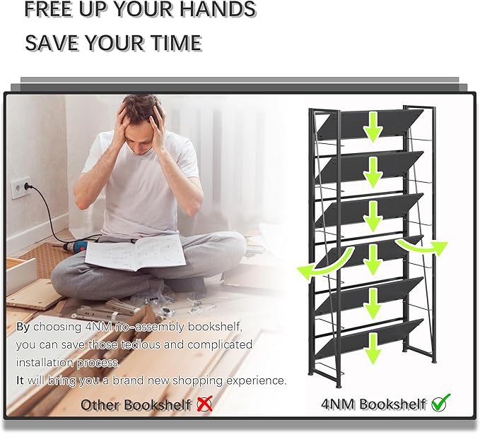 4NM No Assembly Folding Bookshelf, 6-Shelf 74" H Collapsible Foldable Bookcase Storage for Small Spaces, All Black