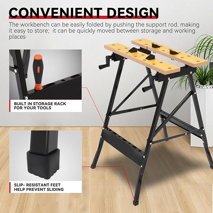 Auto Dynasty Adjustable Folding Workbench with Built-in Ruler & Protractor, Portable Work Table (8"-12"), 220lbs Load Capacity, Multipurpose Vise Workbench for Woodworking, Garage, and DIY