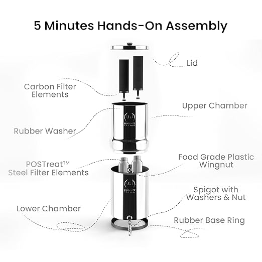 1.5 Gallons NSF Certified AISI 304 Stainless Steel Water Filter with 2 Smart Carbon (Black) Filters, 2 POSTreat Steel Fluoride Removal Elements, Free Steel Stand & Water Spigot