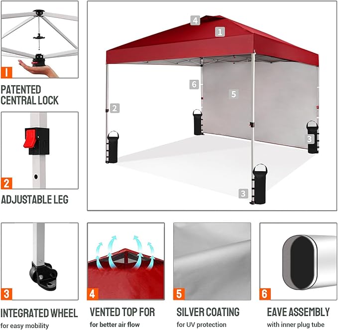 CROWN SHADES 10x10 Pop Up Canopy with 1 Side Wall - Beach Tent with One Push Setup - Outdoor Sun Shade for Events, Parties, Camping - Gazebo with STO-N-Go Cover Bag (Red)